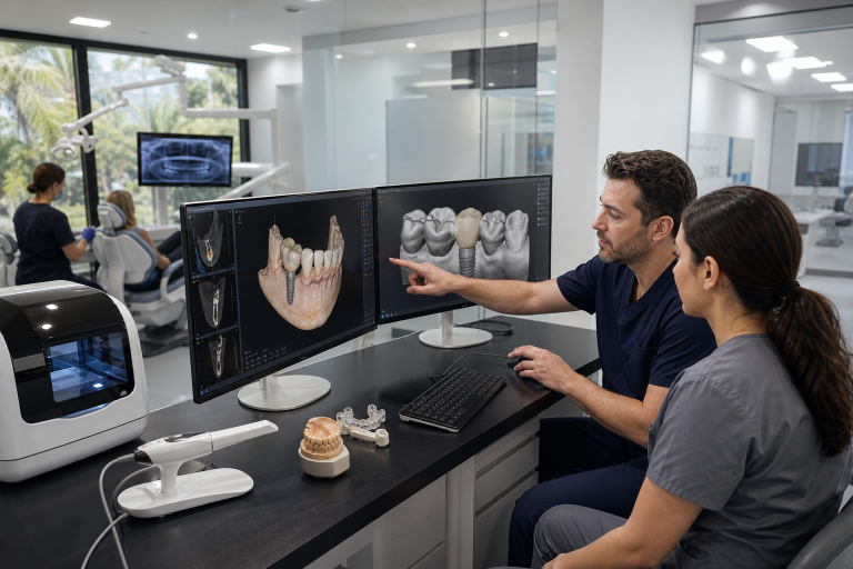 What Patients Should Ask About Digital Dental Planning Before Implants Key Takeaways Digital tools can improve implant planning, communication, and precision. CBCT scans, digital impressions, and CAD/CAM help guide treatment decisions. Implant placement should support the final teeth, bite, and appearance. Technology works best when combined with experienced clinical judgment. Patients should ask how digital planning affects treatment, costs, and long-term results. Dental implant treatment is increasingly planned on a screen before a procedure begins in the mouth. Digital scans, three-dimensional imaging, computer-designed teeth, and surgical guides can help a dental team evaluate anatomy and communicate the proposed treatment more clearly. Still, technology is only useful when it supports a thoughtful diagnosis, a realistic plan, and skilled clinical decision-making. Patients comparing providers should ask how digital tools connect the surgical and restorative steps. For example, dental implant technology at OneSolution Dental Implant Centers includes an in-house laboratory workflow that uses digital design and milling to fabricate custom zirconia restorations. As a specialized full-arch implant provider serving South Florida, including Broward, Palm Beach, and Miami, the center offers a practical example of why coordination between the clinical team and the laboratory matters when planning replacement teeth. Why Digital Planning Deserves Patient Attention Implant planning is not simply about finding enough bone for an implant post. The team must also consider nerves, sinuses, gum contours, bite forces, facial appearance, speech, access for cleaning, and the shape of the final teeth. Digital records can make those details easier to measure, share, and revisit before surgery. More imaging is not automatically better. Imaging should be selected for a specific clinical reason, after the dentist has reviewed your health history, existing records, and examination findings. The American Dental Association's updated imaging recommendations note that panoramic imaging may be used for an initial implant assessment, while CBCT may be appropriate for presurgical planning and implant placement. The Main Digital Tools Used in Implant Care CBCT and intraoral scans A cone beam computed tomography, or CBCT, scan creates a three-dimensional view of bone and nearby structures such as nerves and sinus spaces. An intraoral scanner captures digital impressions of the teeth and gums, often avoiding the use of conventional impression material. These records can be combined to show how the proposed teeth relate to the jaw. CAD/CAM, guides, and fabrication Computer-aided design and computer-aided manufacturing, commonly called CAD/CAM, are used to design crowns, bridges, implant bars, provisional teeth, and full-arch restorations. A surgical guide may be made from the digital plan to help transfer planned implant positions during surgery. Milling and 3D printing can produce models, guides, and temporary restorations, depending on the treatment workflow. Digital smile design Digital smile design may incorporate photos, facial proportions, tooth shape, and bite information. It can be especially helpful when a patient is replacing multiple teeth and wants to discuss appearance before committing to a final restoration. Seven Questions to Ask Before Treatment What type of imaging do I need, and why? Ask what information each scan is intended to provide. How will these images change my treatment plan? A scan should inform a decision, not simply add another step. Will the implants be planned around the final teeth? Ask to see the proposed crown or bridge position in relation to the implants. Who reviews and approves the plan?Find out which clinician is responsible for the surgical and restorative decisions. Will a surgical guide be used? Ask why it is recommended and whether the team can adjust if conditions differ during surgery. Who designs and makes my temporary and final teeth? Clarify whether a laboratory is in-house or external and how the team communicates. What happens if the digital plan changes during surgery? A good answer should address safety, backup options, and patient consent. Why the Final Teeth Should Guide the Plan Prosthetically guided implant placement means that the desired final teeth help determine where implants should ideally be placed. This approach starts with function and appearance, then works backward to evaluate whether the available bone and anatomy can support that plan. For example, a patient may have adequate bone in one location, but an implant placed there might force the final crown into an awkward position. The crown still needs to meet the opposing teeth correctly, look natural beside neighboring teeth, allow room for healthy gums, and be accessible for cleaning. If those goals cannot be met, the treatment plan may need modification, additional procedures, or a different restorative design. Where Artificial Intelligence Fits In Artificial intelligence may help identify landmarks on a scan, organize images, compare treatment options, or suggest initial implant positions. In controlled research, AI-assisted planning has shown potential to reduce planning time while producing clinically acceptable starting positions. However, research on AI-assisted virtual implant planning does not make professional review optional. Software cannot fully account for healing potential, gum behavior, clenching, medical conditions, esthetic expectations, patient preferences, or unexpected findings during surgery. AI can be a useful assistant, but the treating clinician must remain responsible for reviewing the plan and making final decisions. Benefits Patients May Notice Clearer explanations through 3D images and digital models. More detailed planning before surgery begins. Better communication among surgeons, restorative dentists, and laboratory technicians. Fewer physical impressions in some cases. More consistent planning for temporary and final teeth. Potentially more efficient treatment steps when the case is suitable. What Technology Cannot Guarantee A digital plan cannot guarantee implant success or confirm that every person is a good candidate. A surgical guide does not replace surgical skill, careful judgment, or the ability to respond to conditions found during treatment. Same-day treatment also may not be appropriate for every patient. Healing and long-term results can be influenced by bone quality, gum health, smoking, medical conditions, oral hygiene, bite forces, maintenance visits, and follow-up care. Patients should also understand potential concerns, such as infection, nerve injury, sinus complications, implant failure, or the need for bite adjustments. A Simple Checklist for the Consultation Bring a complete list of medications, allergies, and medical conditions. Ask which scans are recommended and what each one will show. Request an explanation of the proposed implant and final tooth positions. Ask who will design, fabricate, and adjust the replacement teeth. Discuss temporary teeth, healing milestones, and maintenance needs. Ask about alternatives, bone grafting, additional procedures, and total treatment stages. Request clear information about risks, fees, warranties, and follow-up visits. Closing Takeaway Digital tools can make implant treatment easier to visualize, discuss, and refine, giving both patients and dental teams a clearer understanding of the proposed procedure. Imaging, digital scans, guided planning, and restorative software can help identify important details before treatment begins and support more precise decision-making. However, technology is only one part of successful implant care. The strongest plans also depend on experienced clinicians, careful diagnosis, sound restorative design, good communication, and realistic patient goals. Treatment should also allow room for changes if healing, bone conditions, or other clinical findings differ from the original expectations. Before moving forward, ask not only what technology will be used, but how it will influence treatment decisions, who will interpret the results, and how the team will respond if your case does not follow the original plan exactly. Ultimately, technology works best when it supports thoughtful, patient-centered care.